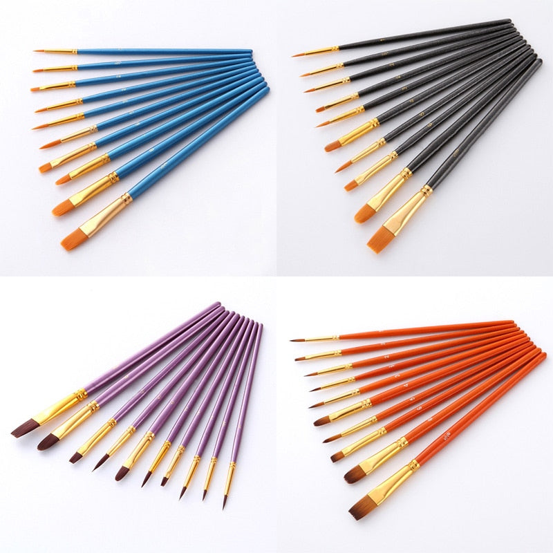 10Pcs/set Nylon Artist Paint Brush Professional Watercolor Acrylic Wooden Handle Painting Brushes Art Supplies Stationery