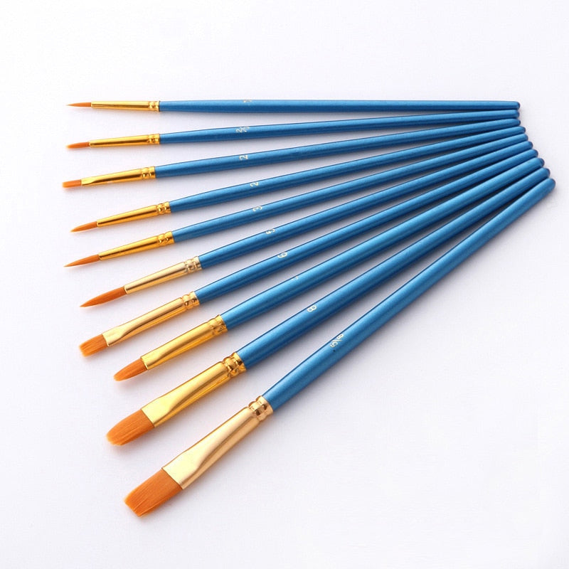 10Pcs/set Nylon Artist Paint Brush Professional Watercolor Acrylic Wooden Handle Painting Brushes Art Supplies Stationery