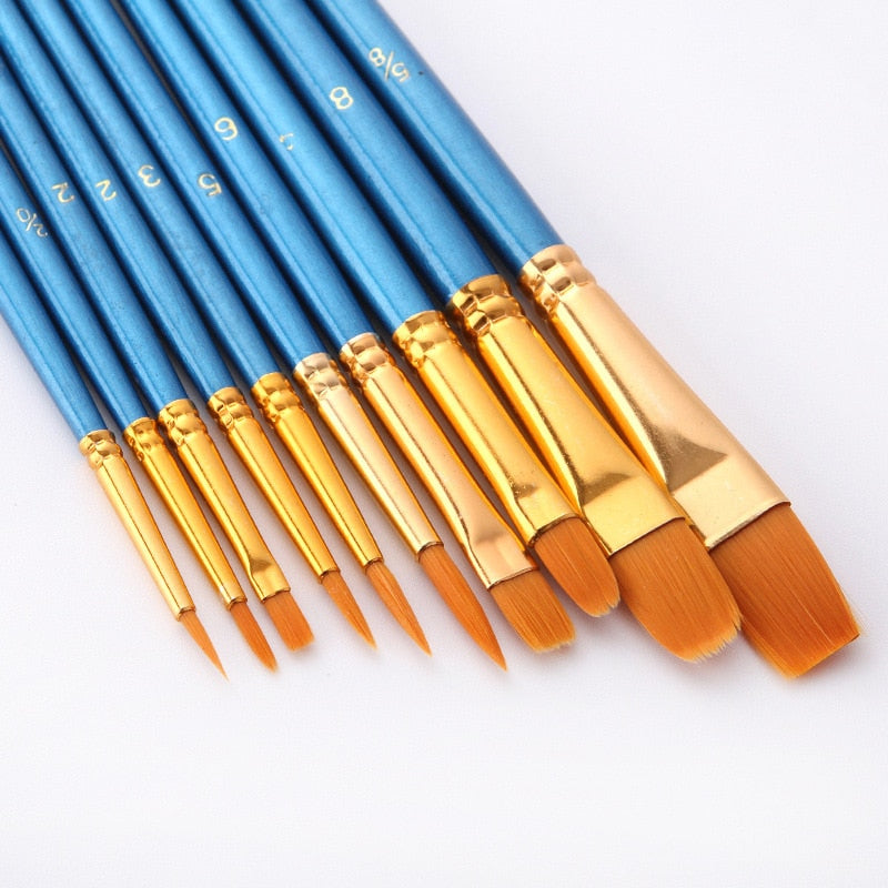 10Pcs/Set paint by numbers brushes Watercolor Gouache Paint Brushes Different Shape Round Pointed Tip Nylon Hair Painting Brush