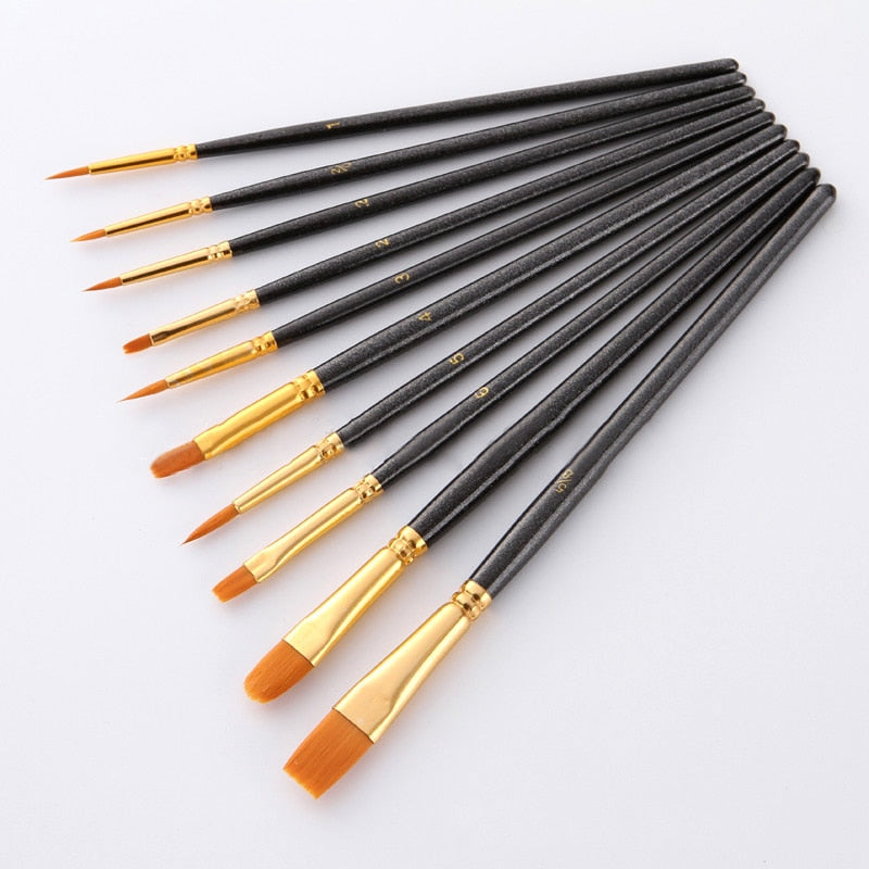 10Pcs/set Nylon Artist Paint Brush Professional Watercolor Acrylic Wooden Handle Painting Brushes Art Supplies Stationery